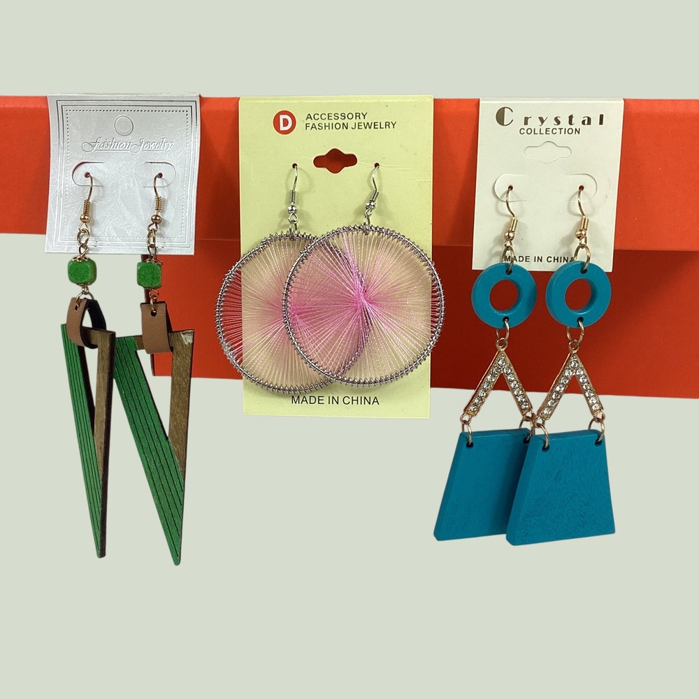 3 Pair Statement Earrings Green Wood Triangle Pink Thread Hoop Teal Geometric